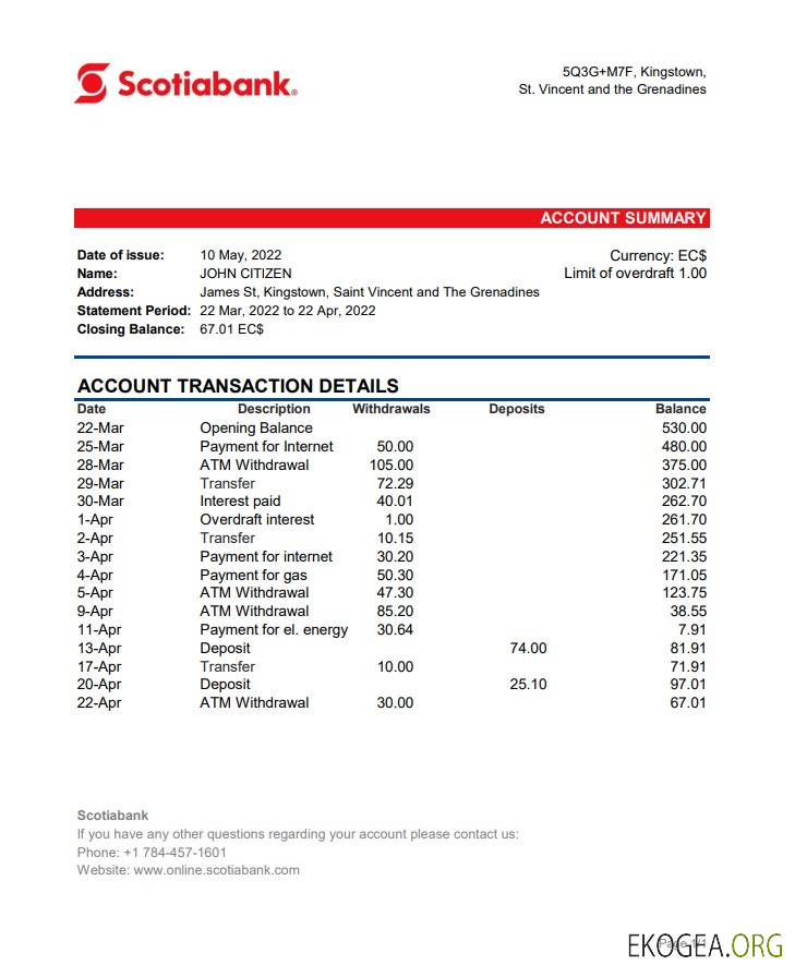 Relevé bancaire de la Banque Scotia de Saint Vincent et les Grenadines